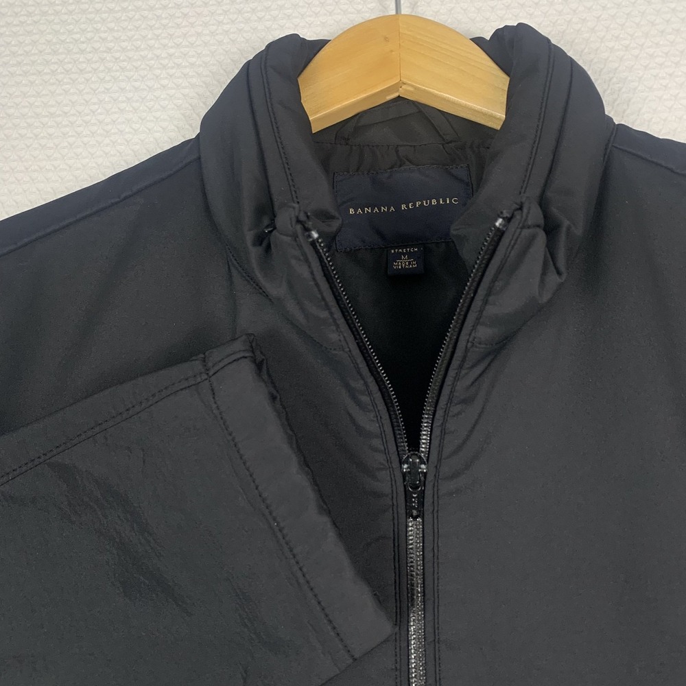 Banana Republic Softshell Jacket Men Medium Black Full Zip Hideaway Hood Stretch